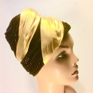 Vtg Gold Lame Black Velvet Sculptural Beehive Hat